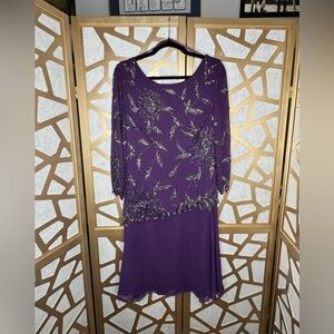 J Kara floral beaded chiffon formal dress with 3/4 length sleeves